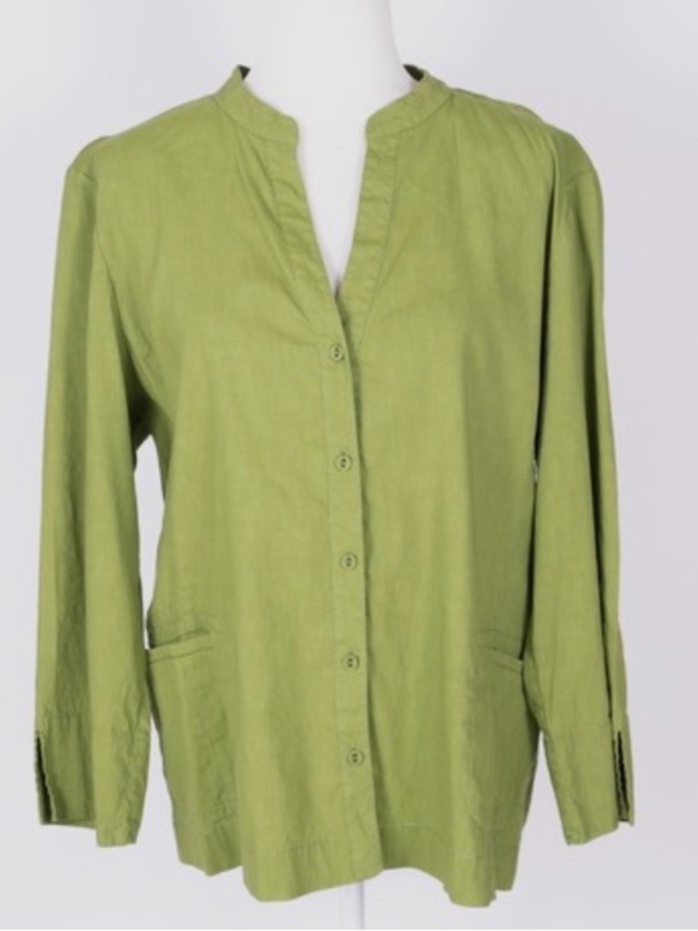 Eileen Fisher Green Button-Front Band Collar Shirt
